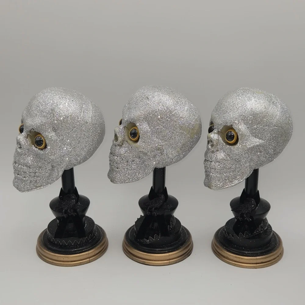 Vintage Lots of 3 Glittered Skull Head Blow Mold w/ Stand Prop Halloween Decor